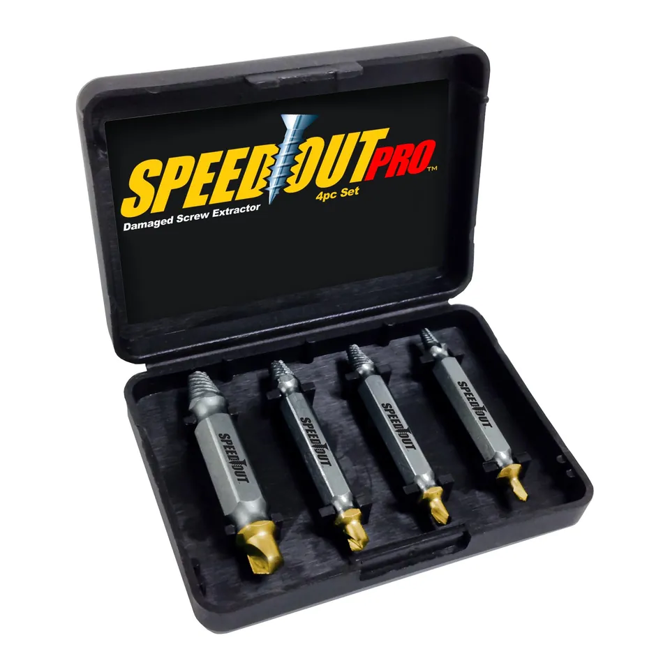 Four SpeedOut Pro double-ended screw extractor bits, shown in a case (photo from the Lowe's listing)