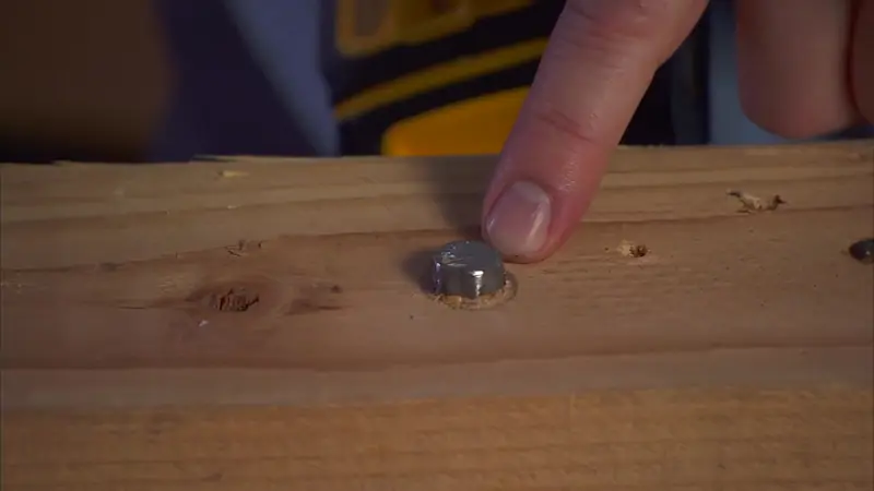 A bolt with a rounded, stripped head set into a pine board